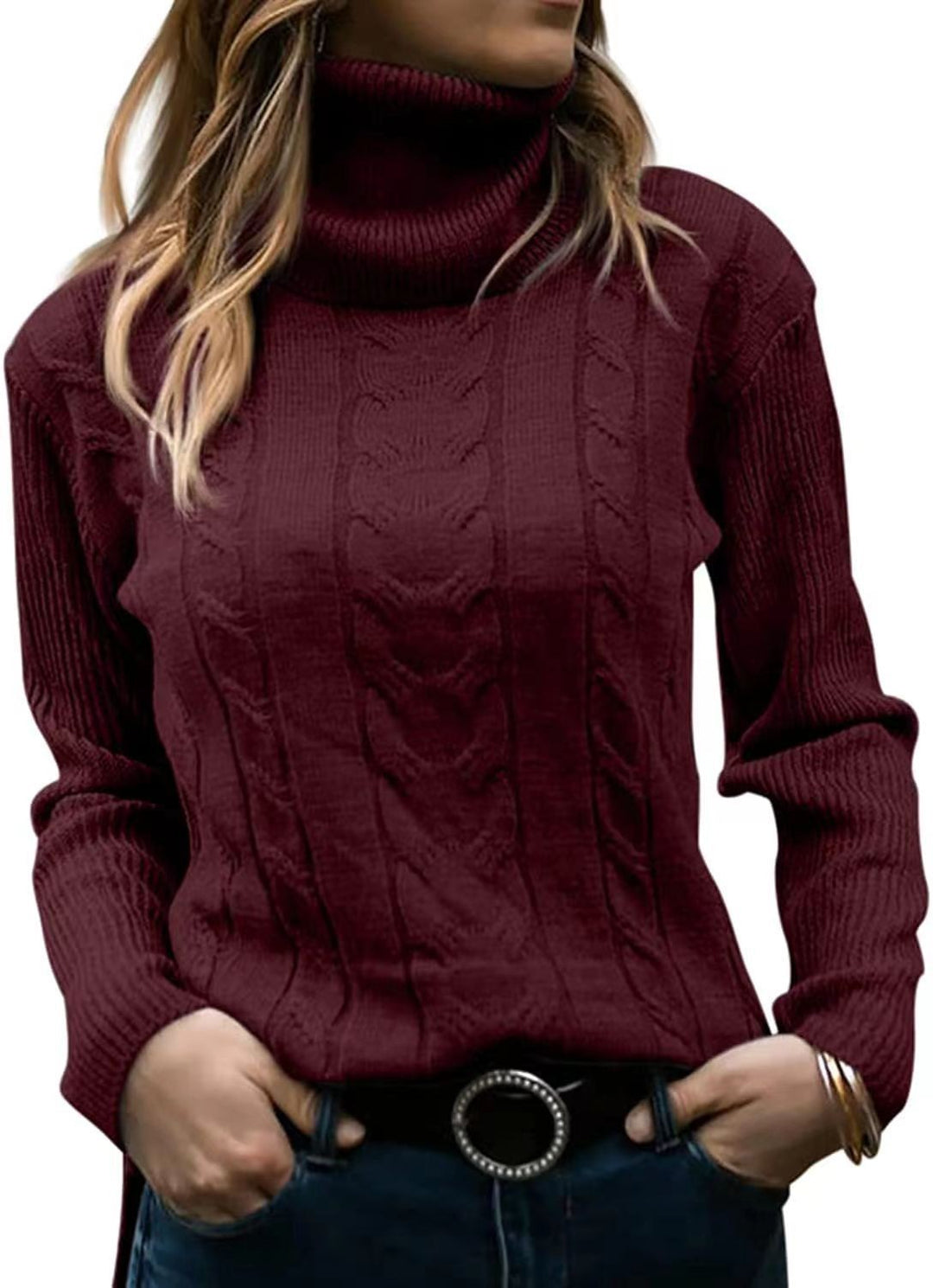 Damen Strickpullover mit Stehkragen und Zopfmuster EB