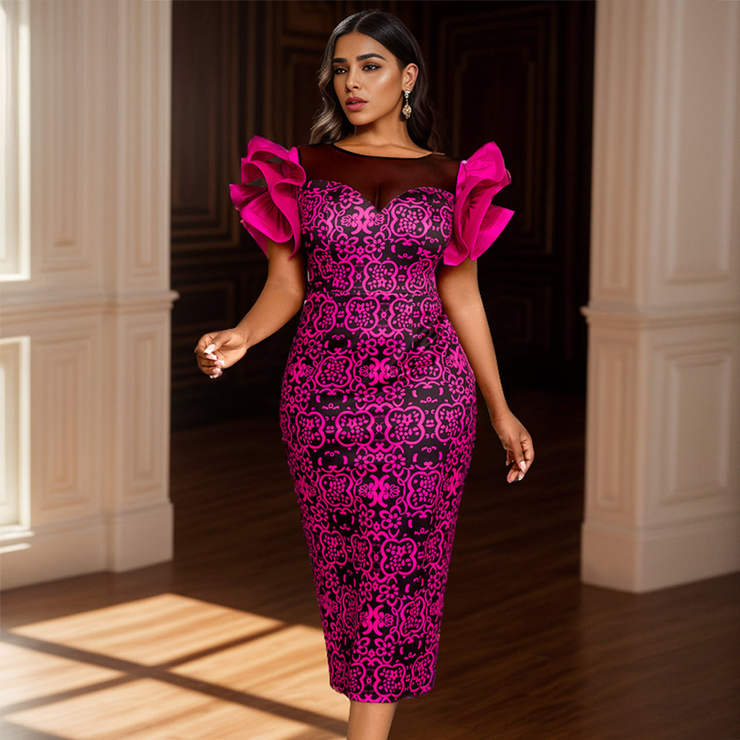 Damen Elegantes Etuikleid mit innovativen Puffärmeln und floralem Muster EB