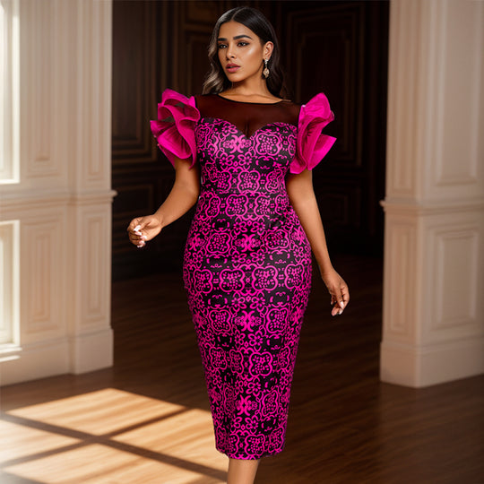 Damen Elegantes Etuikleid mit innovativen Puffärmeln und floralem Muster EB