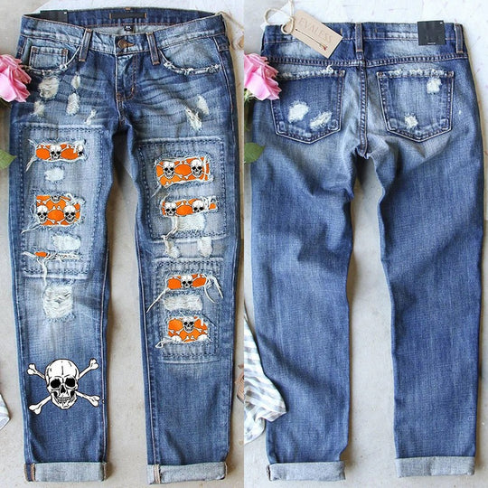 Damen Skinny Jeans mit auffälligen Totenkopf-Mustern EB