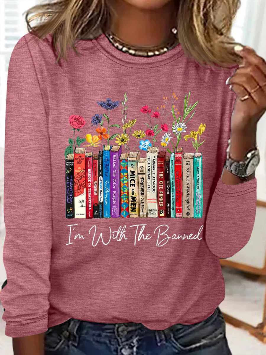 Damen Langarmshirt mit Bücher- und Blumenmotiv EB