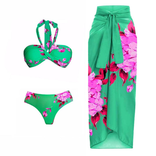 Damen Strand-Bikini-Set mit asymmetrischem Oberteil und elegantem Maxi-Rock EB