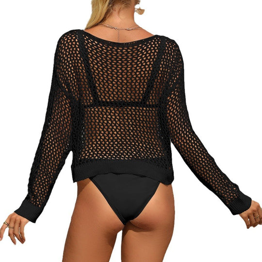 Damen lässiger Häkel-Strandpullover mit weitem Schnitt und V-Ausschnitt EB