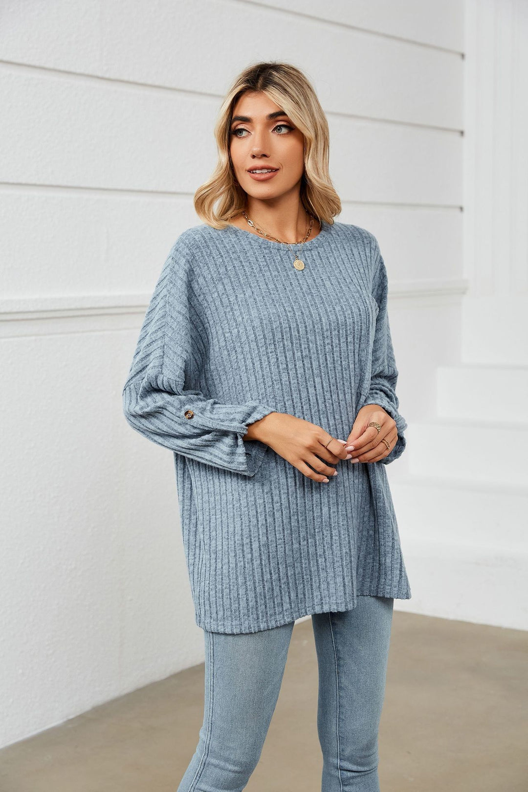 Damen lockeres Strickoberteil mit Baumwolldetail EB