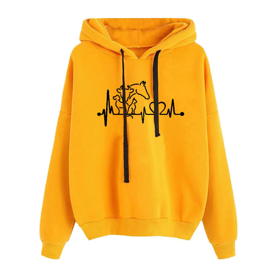 Damen nan leichter Oversize Kapuzenpullover mit Herz‑EKG‑Motiv, langen Kordeln und elastischem Bund EB
