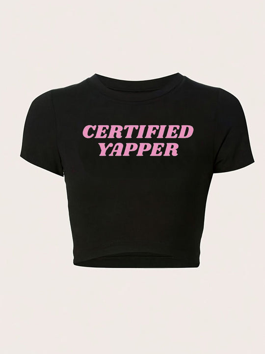 Damen figurbetontes Kurzarm-T-Shirt mit verspieltem Aufdruck EB