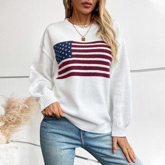 Damen Strickpullover mit Flaggenmotiv und Rundhalsausschnitt EB