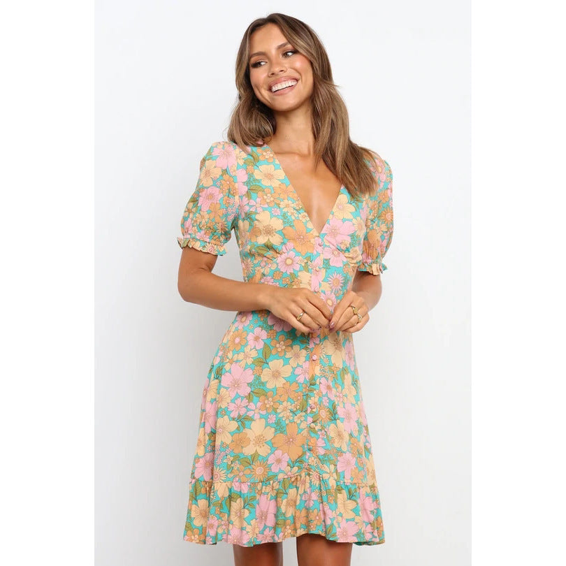 Damen Minikleid im romantischen Garden-Style mit voluminösen Ärmeln und verspieltem Saum EB
