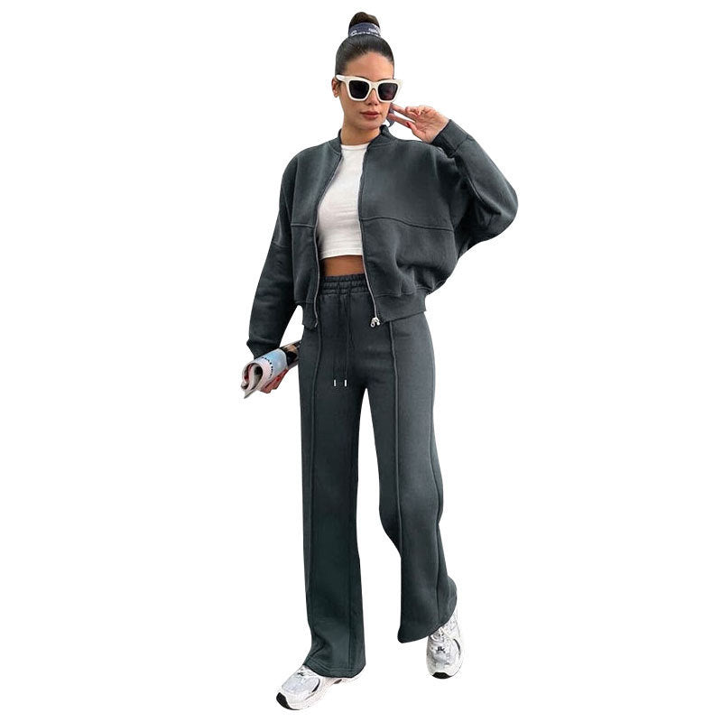 Damen nan kurz geschnittenes Blouson mit Reißverschluss und weiter High-Waist Jogginghose Set EB
