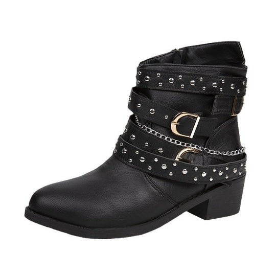 Damen modische Ankle Boots mit dekorativen Schnallen und stabiler Profilsohle EB