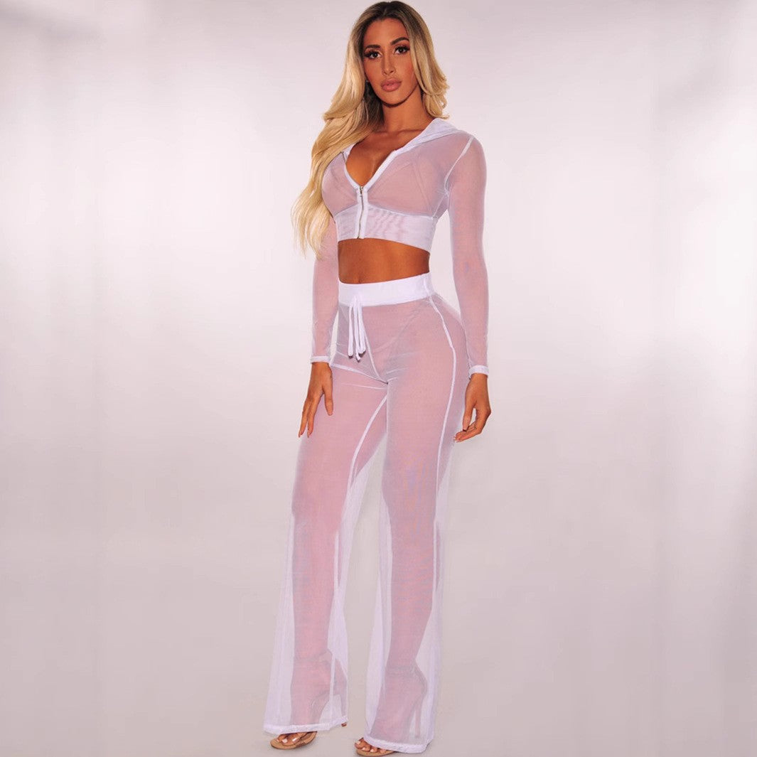 Damen Transparente Lounge-Hose mit Reißverschluss und Hohem Bund EB