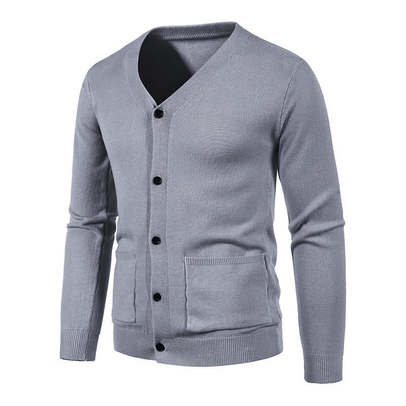 Herren nan schlanker Feinstrick-Cardigan mit V-Ausschnitt, Knopfleiste und aufgesetzten Taschen EB