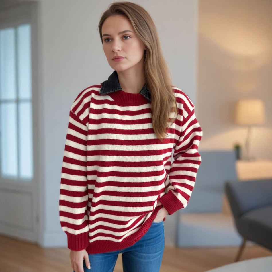 Damen lässiger Pullover mit strukturellem Streifenmuster und modischem Kragen EB