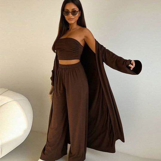 Damen elegantes 3-teiliges Set mit weitem Hosen und tailliertem Oberteil EB