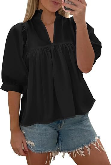 Damen elegante kurzärmlige Bluse mit Rüschendetails und lässigem Schnitt EB