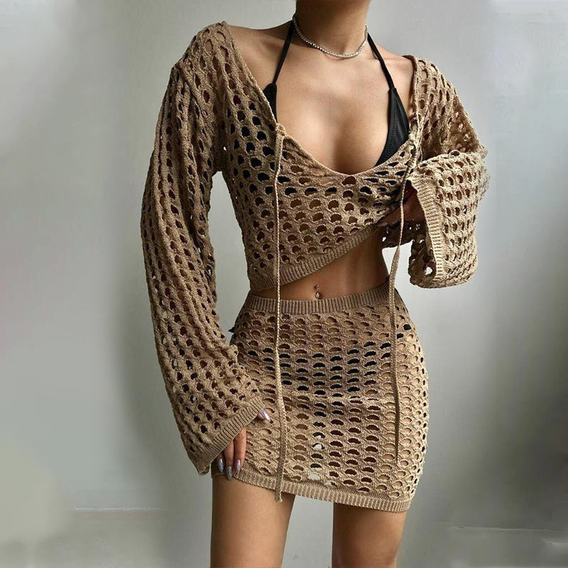 Damen gehäkeltes Strandoutfit mit offener Front EB