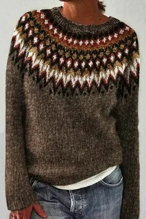 Damen nan melierter Rundhalsausschnittpullover mit kreisförmigem Jacquard-Yoke und geripptem Saum EB
