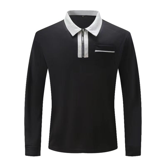 Herren nan elegantes Langarm-Poloshirt mit markantem Stehkragen Metall-Kurzreißverschluss und Brustleistentasche EB