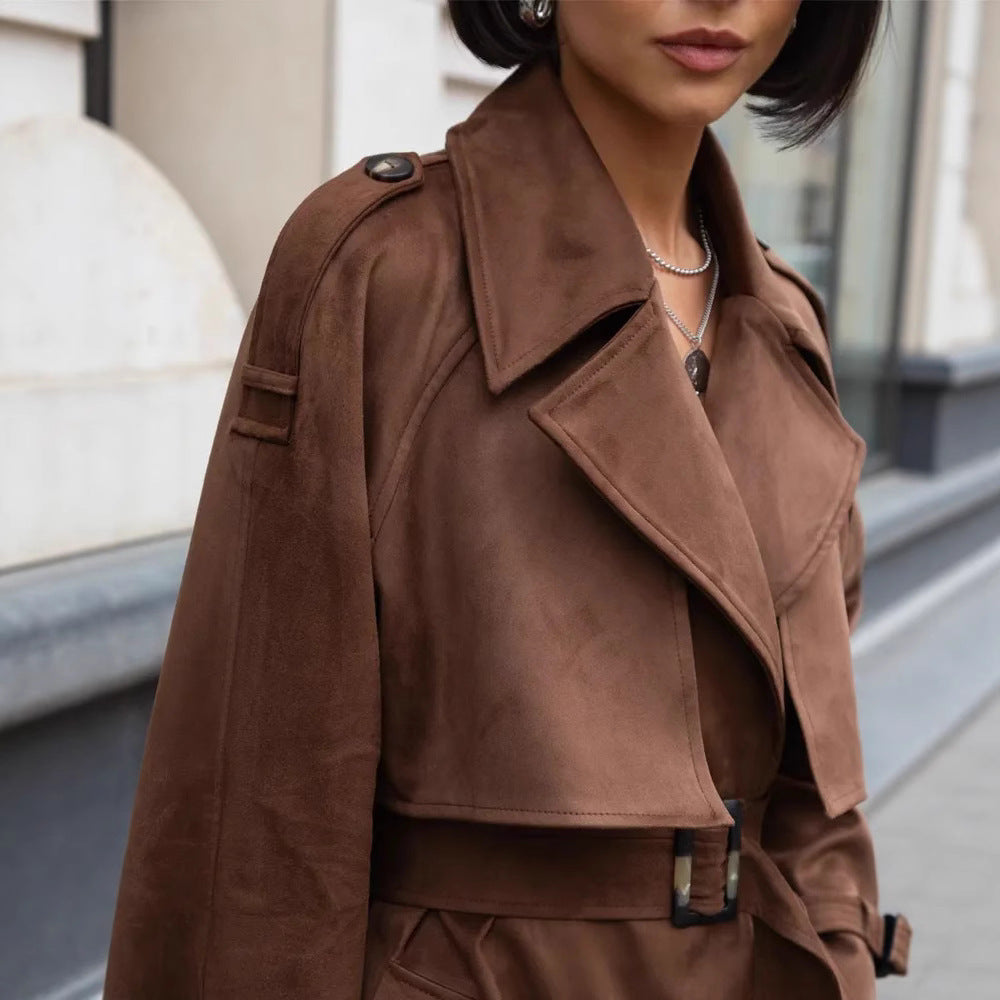 Damen Modische Kurzjacke im Biker-Stil mit grossem Kragen und Gürteldetail EB