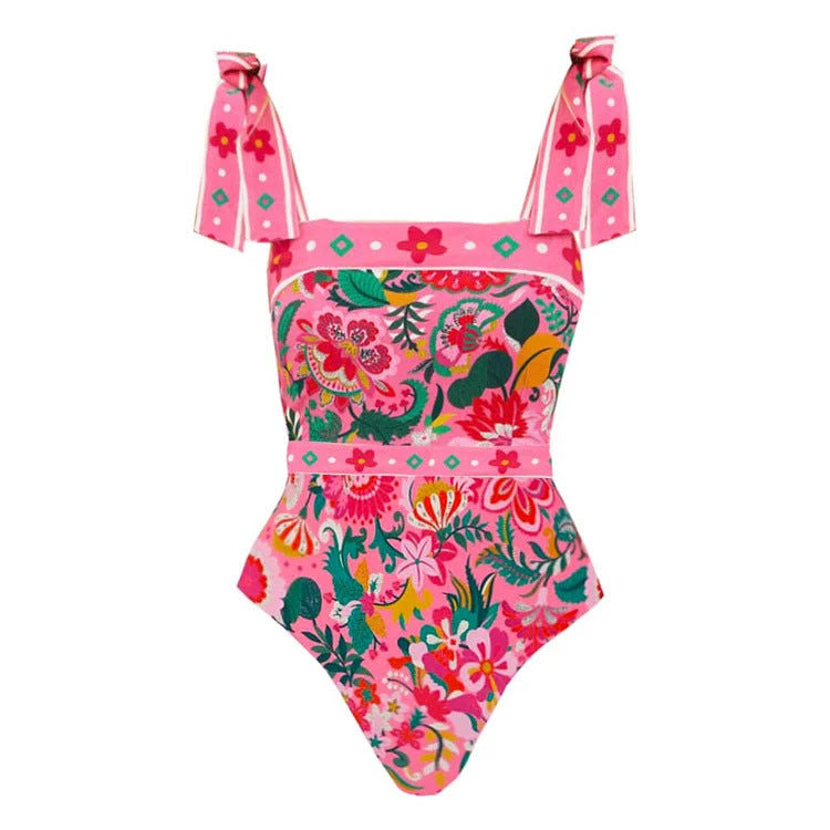 Damen Floral Motive Badeanzug mit verspieltem Trägerdesign EB