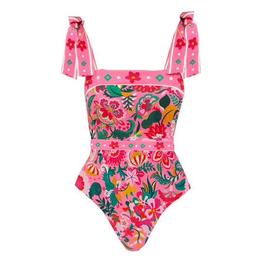 Damen Floral Motive Badeanzug mit verspieltem Trägerdesign EB
