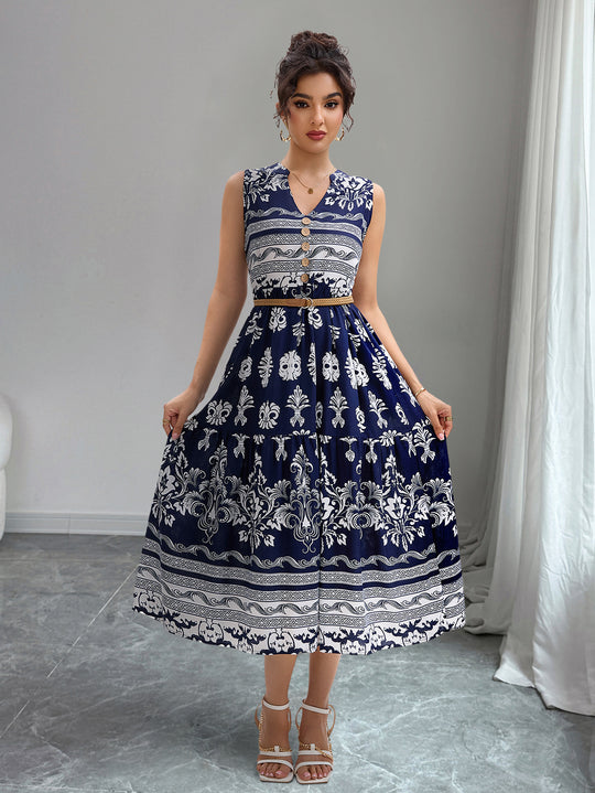 Damen Midi-Kleid mit Knopfleiste und traumhaftem Muster EB