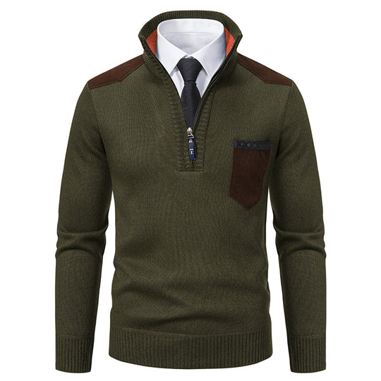 Herren nan Feinstrick-Halbzip-Pullover mit Stehkragen, Brusttasche und Schulterbesatz EB