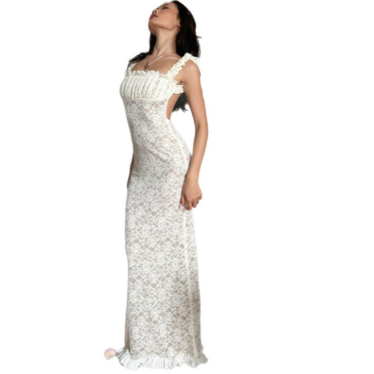 Damen Spitzen-Maxikleid mit Rüschendetails und elegantem Schnitt EB