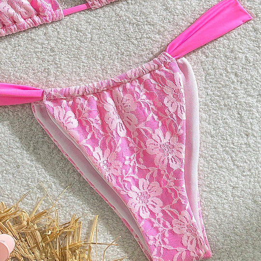 Damen Triangel-Bikini mit floralem Spitzenmuster und verstellbaren Trägern EB