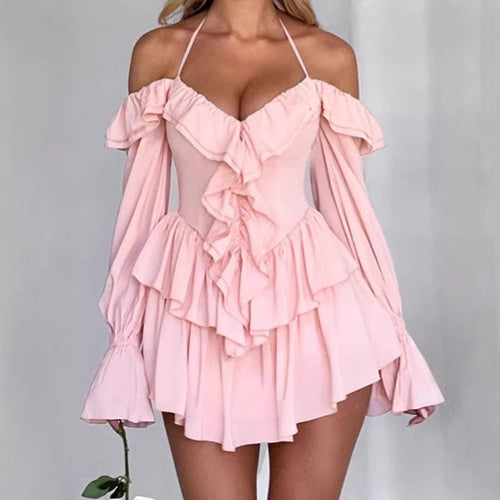Damen Verspieltes Mini-Kleid mit Rüschen und schulterfreiem Design EB