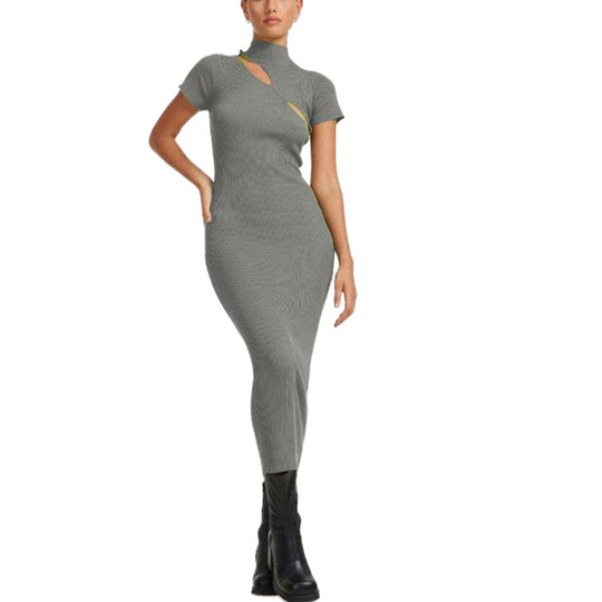 Damen figurbetontes Strickkleid mit asymmetrischem Ausschnitt und hohem Kragen EB