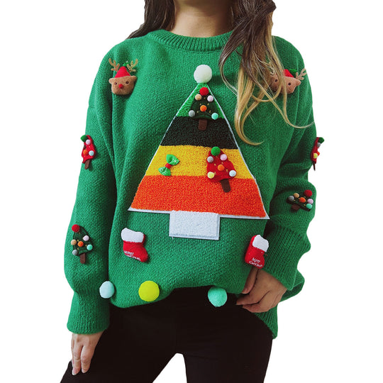 Damen Weihnachts-Pullover mit festlichem 3D-Motiv und dekorativen Applikationen EB