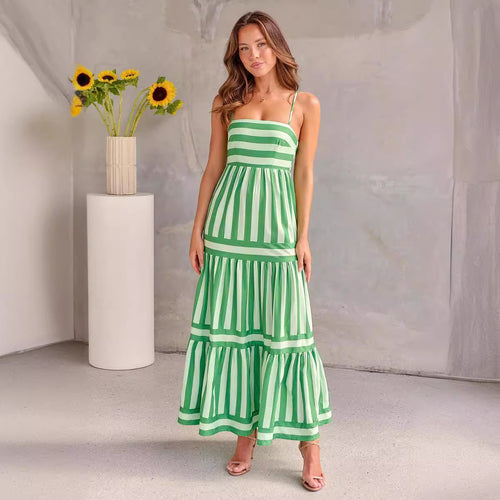 Damen Maxikleid mit schmalen Trägern und gestreiftem Design EB