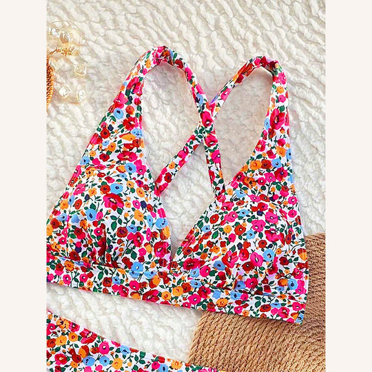 Damen Hochgeschnittener Floral-Bikini mit V-Ausschnitt EB