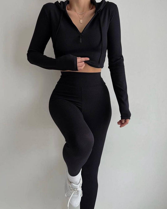 Damen figurnahes Rippjersey-Halbzip-Set mit tailliertem Longsleeve und High-Waist-Leggings EB