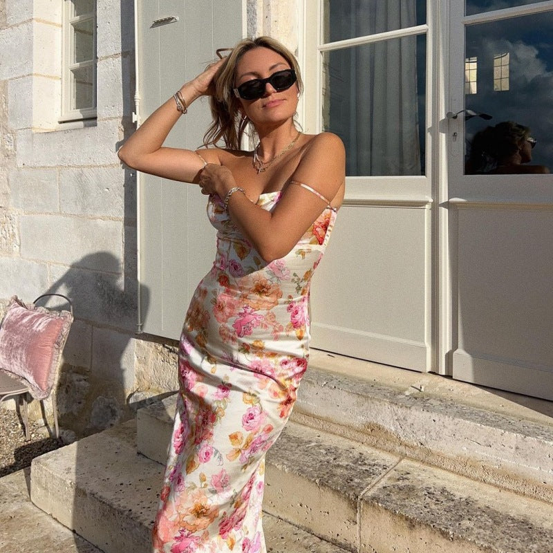 Damen Blütenmaxikleid mit verstellbaren Trägern und figurbetontem Schnitt EB