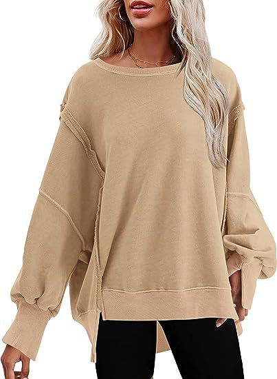 Damen lässiger Sweatshirt mit Ballonärmeln und seitlichen Schlitzen EB