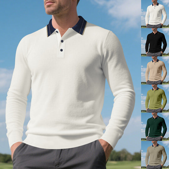 Herren elegantes Langarm-Polohemd mit kontrastierendem Kragen und modischen Knopfdetails EB