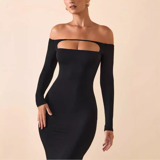 Damen Figurbetontes Langarmkleid mit Cut-Out-Design und schulterfreiem Stil EB