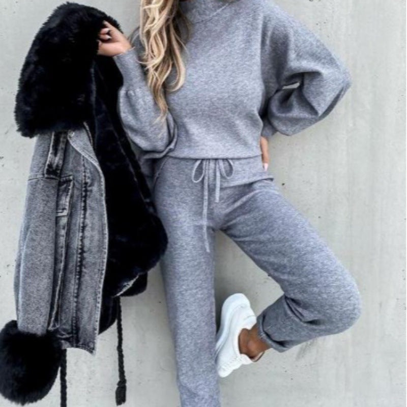 Damen Strick-Loungewear-Set mit Ballonärmeln und taillierter Jogginghose EB