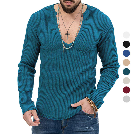 Herren lässiger Ripp-Pullover mit tiefem V-Ausschnitt und feiner Struktur EB