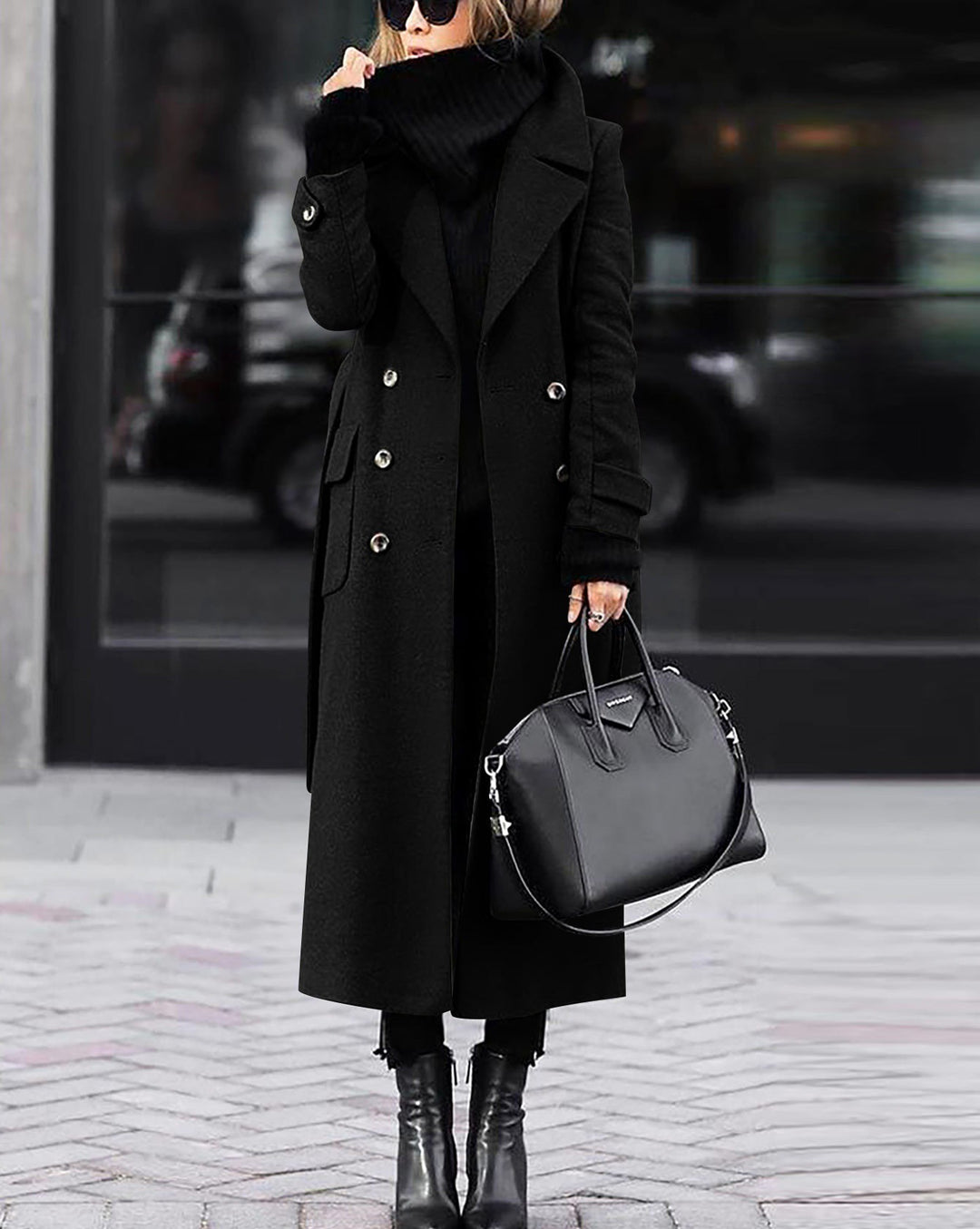 Damen nan eleganter Maxi-Wollmixmantel mit doppelreihiger Knopfleiste, weitem Reverskragen und aufgesetzten Taschenklappen EB
