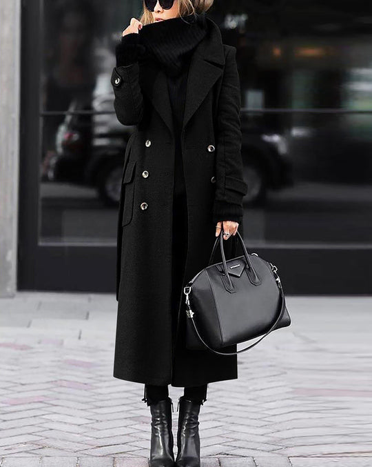 Damen nan eleganter Maxi-Wollmixmantel mit doppelreihiger Knopfleiste, weitem Reverskragen und aufgesetzten Taschenklappen EB