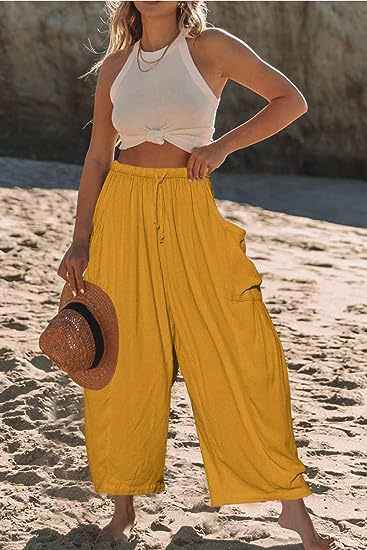 Damen nan weite Palazzohose aus leichtem Leinenmix mit Tunnelzug und seitlicher Tasche EB