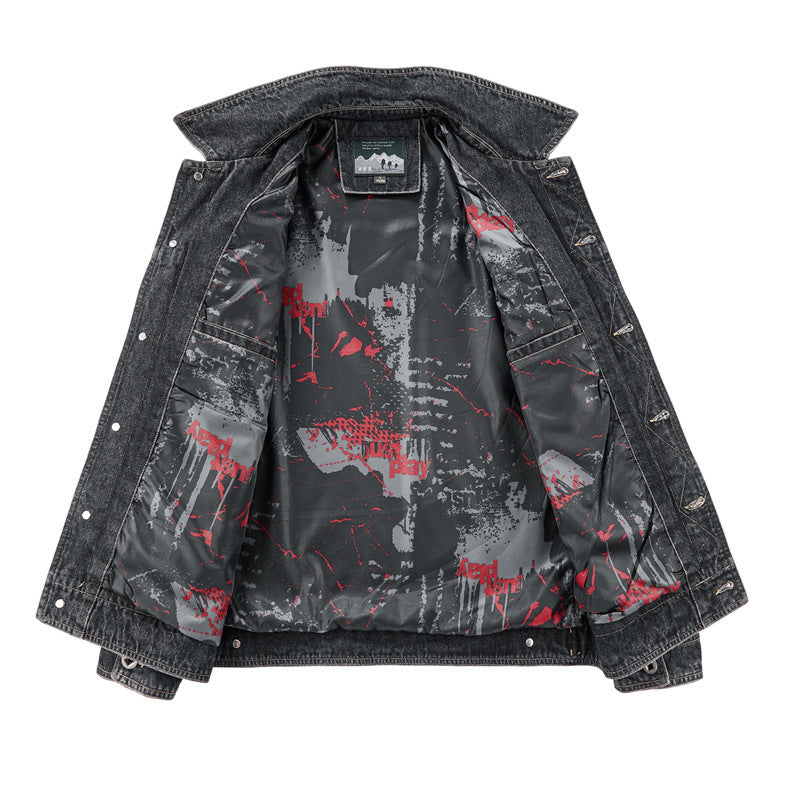 Herren Jeansjacke im Vintage‑Washed Denim mit bedrucktem Innenfutter und Brustklappentaschen EB