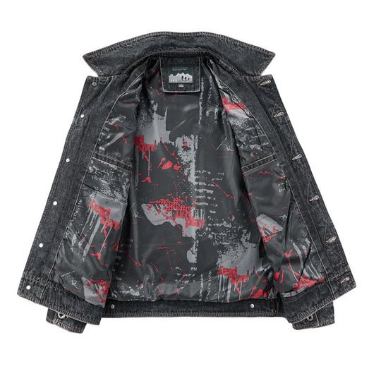 Herren Jeansjacke im Vintage‑Washed Denim mit bedrucktem Innenfutter und Brustklappentaschen EB