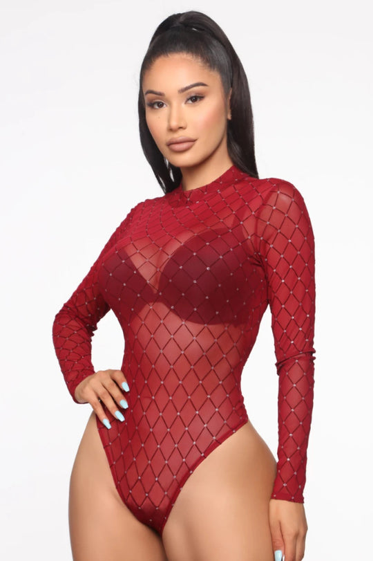Damen Langärmeliger Bodysuit mit funkelndem Netzdesign EB