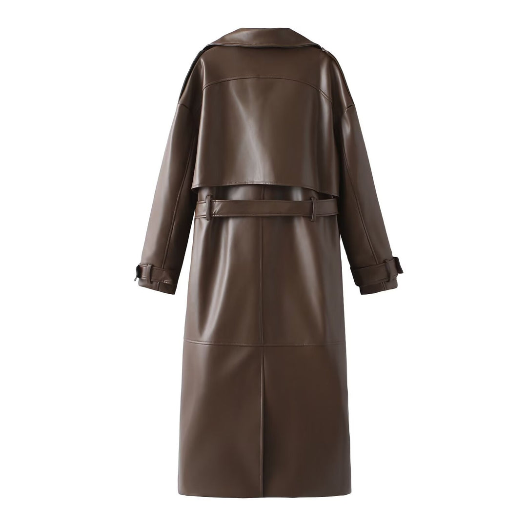 Damen Kunstleder-Trenchcoat mit elegantem Schnitt und taillierbarem Gürtel EB