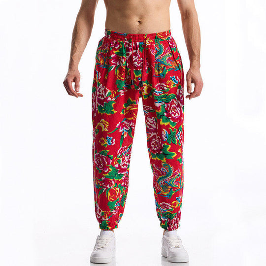 Herren lässige Haremshose mit buntem Blumenmuster und Gummizug EB