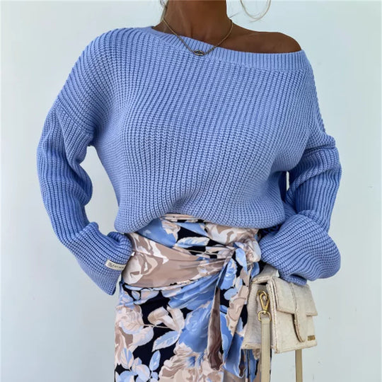 Damen gemütlicher Strickpullover mit weitem Schnitt und offener Schulter EB